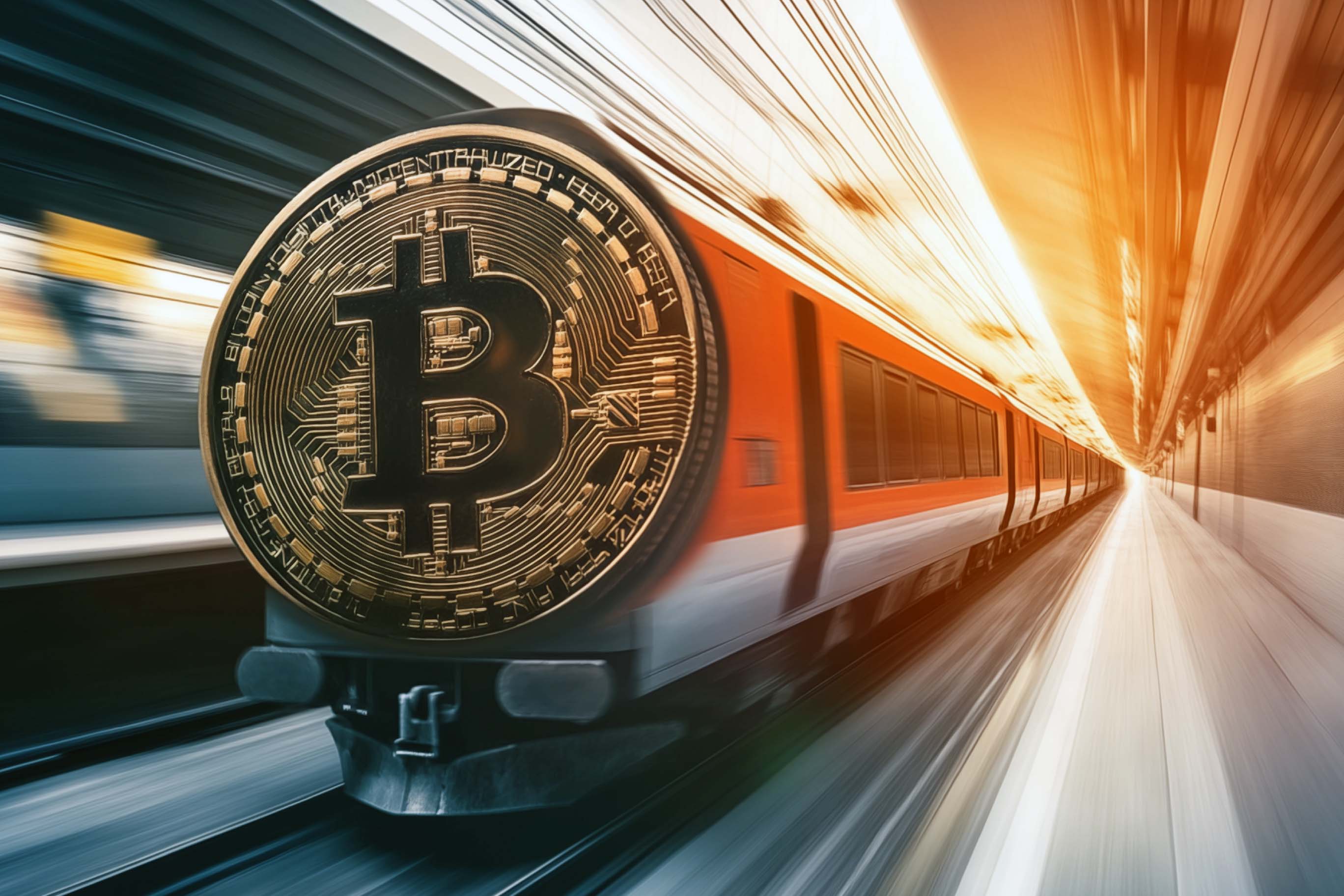A high-speed train with a large, golden Bitcoin symbol emblazoned on its front, speeding through a tunnel.