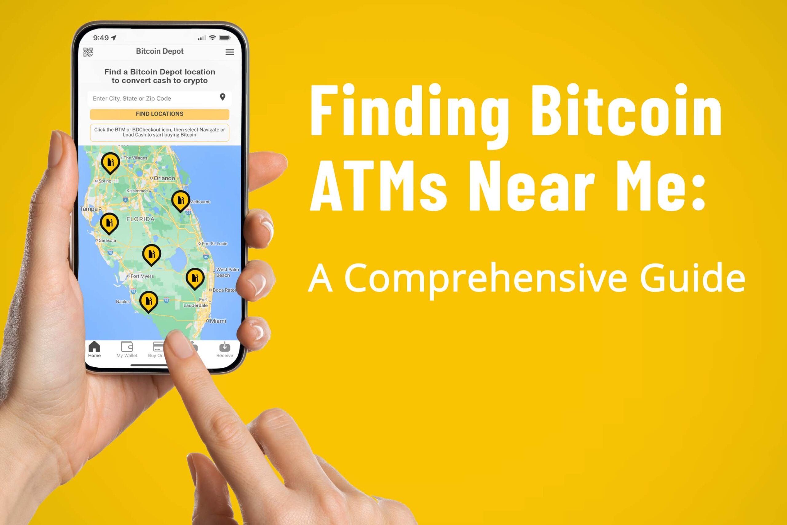 A smartphone displaying the Bitcoin Depot app, showing a map of Florida with multiple Bitcoin ATM locations marked by black pins. The phone is held against a bright yellow background with text reading 'Finding Bitcoin ATMs Near Me: A Comprehensive Guide'. The app interface shows a search bar for entering location details.