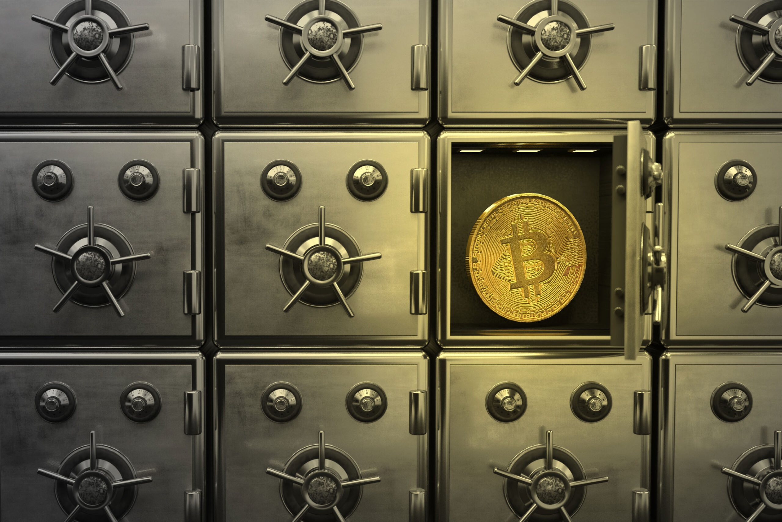 A wall of vintage-style safety deposit boxes with one box open, revealing a golden Bitcoin coin inside. The boxes have a metallic grey finish with decorative star-shaped locks, and the illuminated open compartment creates a dramatic contrast, highlighting the Bitcoin within.