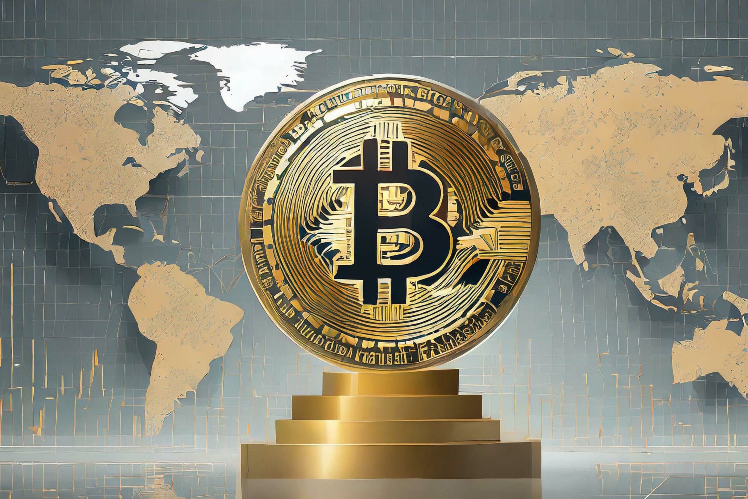 A golden Bitcoin coin standing on gold-colored steps or a podium against a background showing a world map and financial market charts or graphs. The Bitcoin has the "₿" symbol engraved on it and appears to be metallic and three-dimensional.