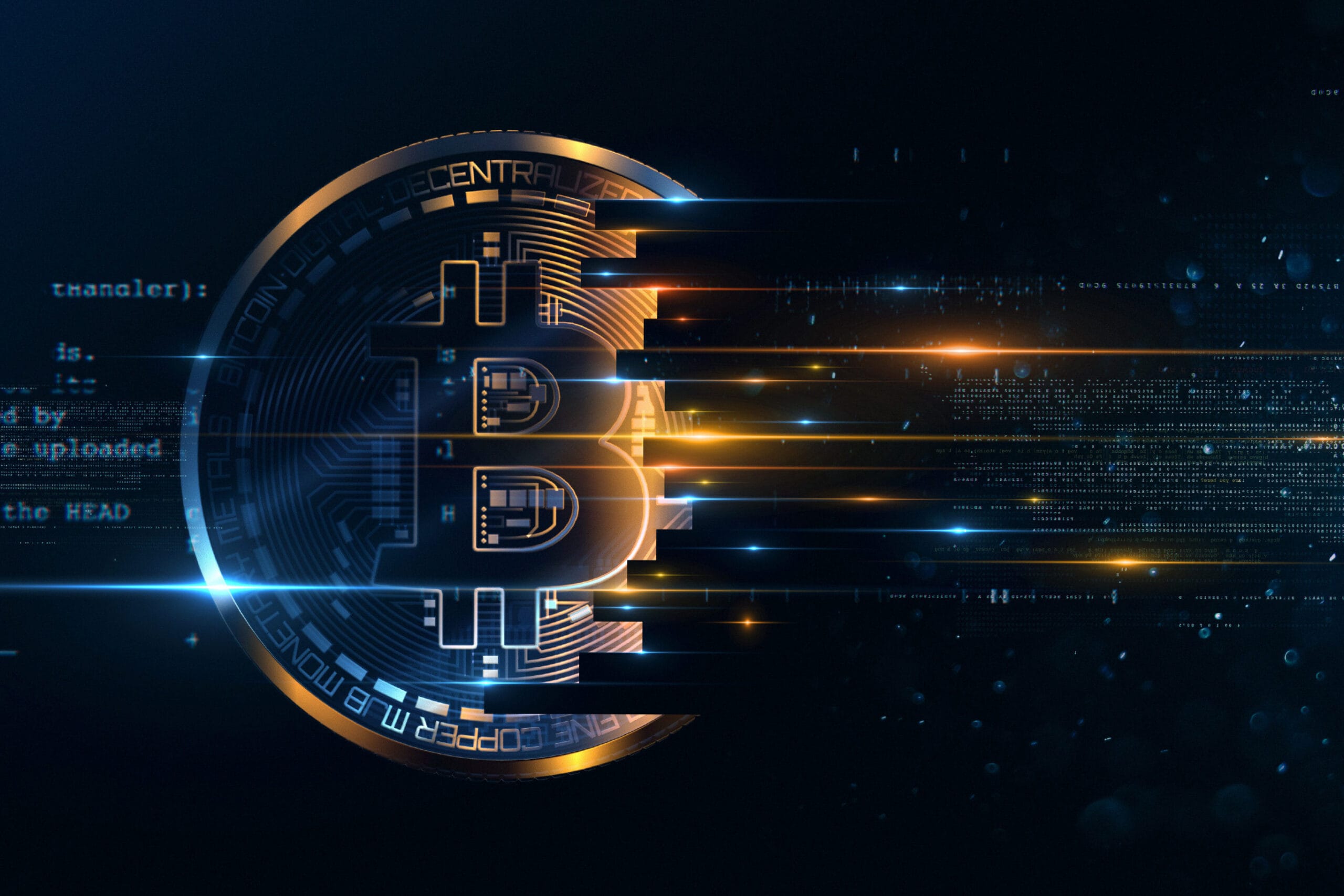 A stylized digital artwork of half a Bitcoin symbol rendered in gold and blue tones against a dark background.