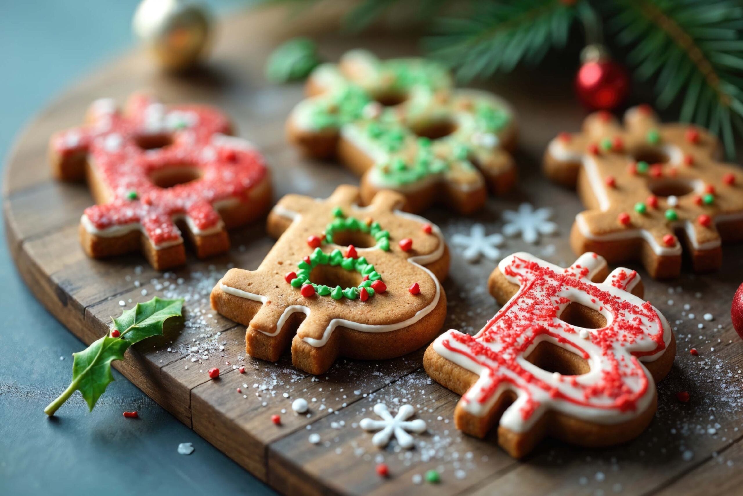 Christmas cookies decorated to look like the Bitcoin "₿" symbol arranged on a rustic wooden board. The cookies are decorated with red, green, and white icing and sprinkles in a festive holiday style.
