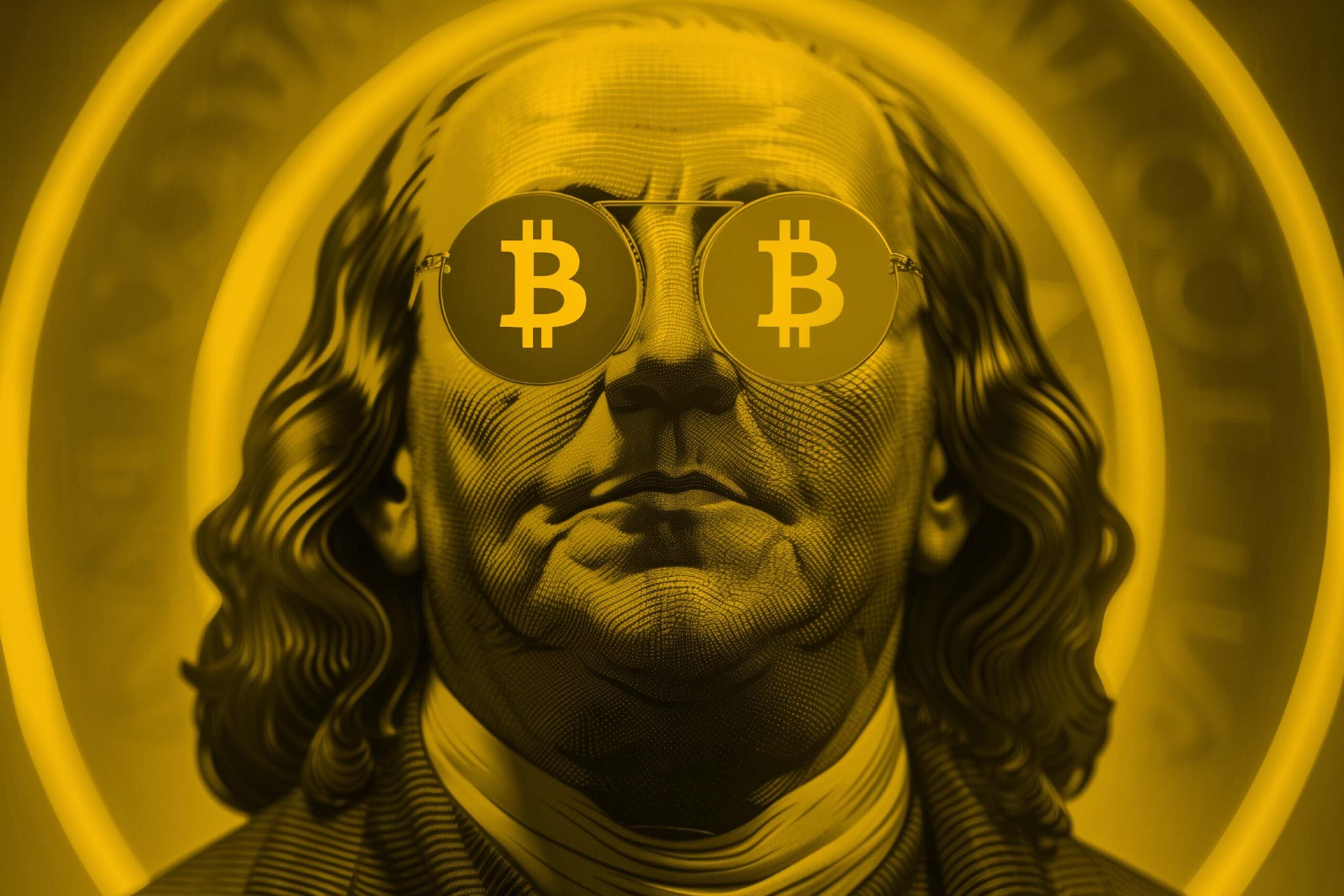 A stylized digital illustration of Benjamin Franklin's portrait from the $100 bill, with Bitcoin symbols replacing his eyes. The entire image has a monochromatic golden yellow color scheme, and the portrait has a circular vignette effect around it, creating a futuristic cryptocurrency-themed reimagining of the traditional currency design.