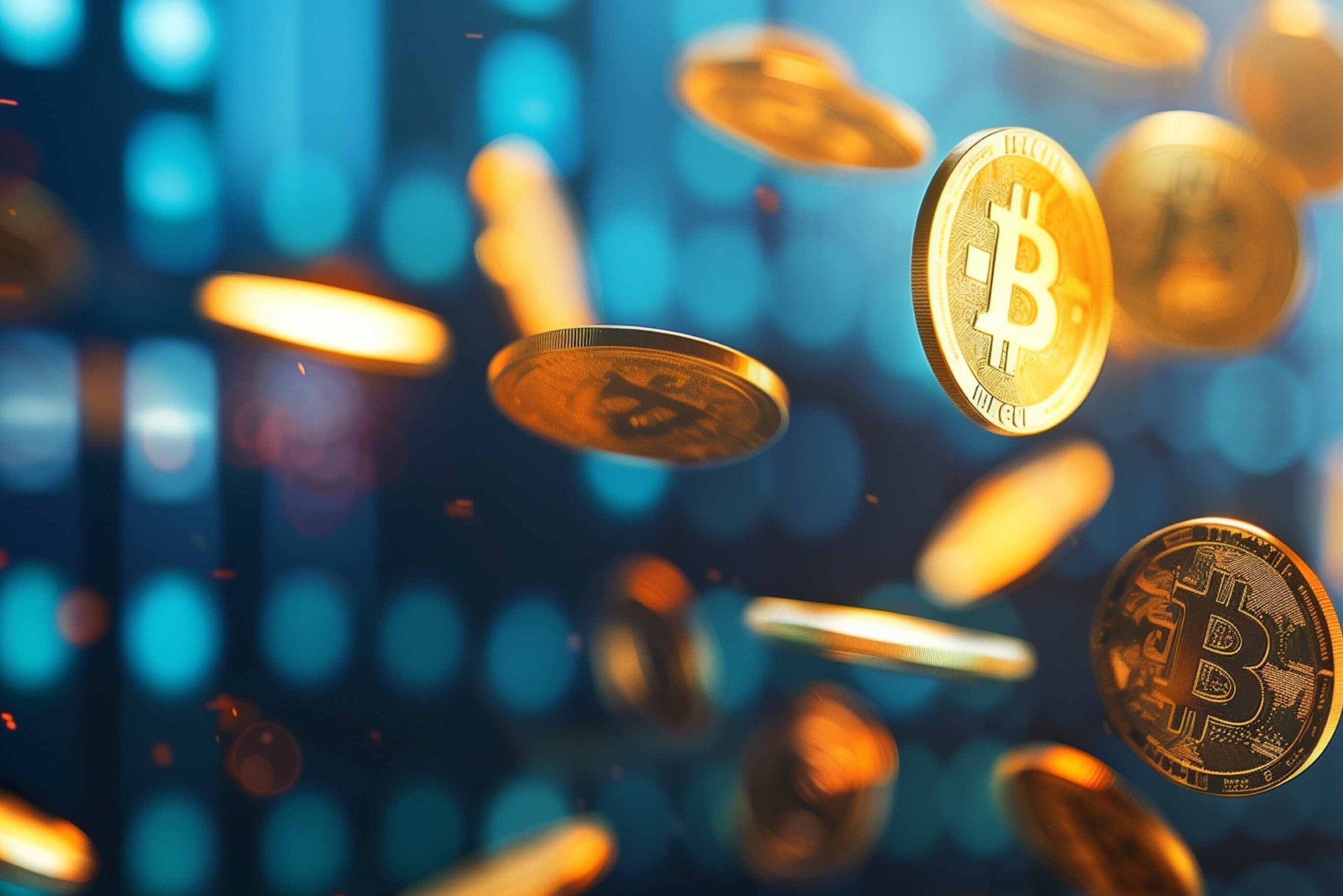 A dynamic artistic photograph of multiple golden Bitcoin coins appearing to float or fall through space against a dark blue bokeh background. The coins are captured in various angles, creating a sense of movement, with detailed "₿" symbols visible on their surfaces. The lighting creates a warm golden glow on the coins that contrasts with the cool blue background.