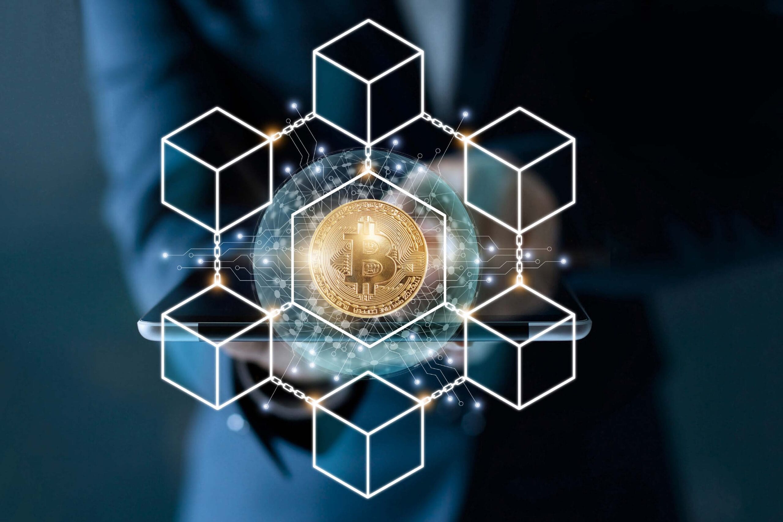 A coin with a Bitcoin logo surrounded by a geometric pattern.