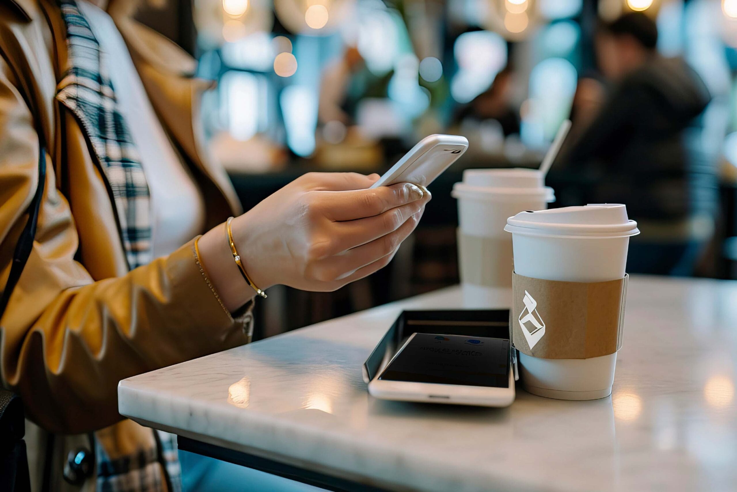 A close-up shot of hands wearing gold bracelets using a smartphone, with a coffee cup and a tablet device on a white table. The scene appears to be in a cafe with blurred bokeh lighting in the background.