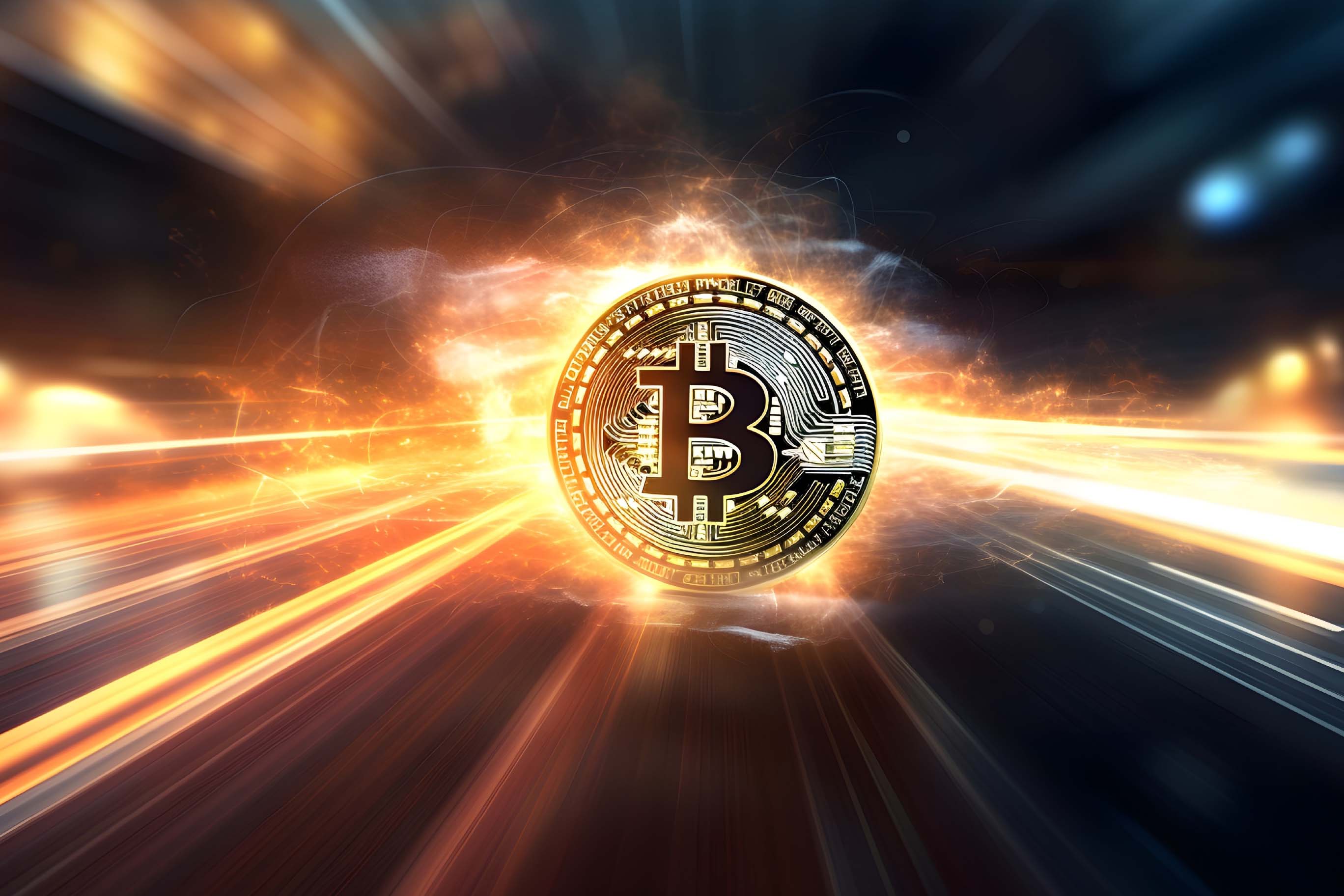 A stylized Bitcoin symbol, glowing gold, with motion blur and light streaks.