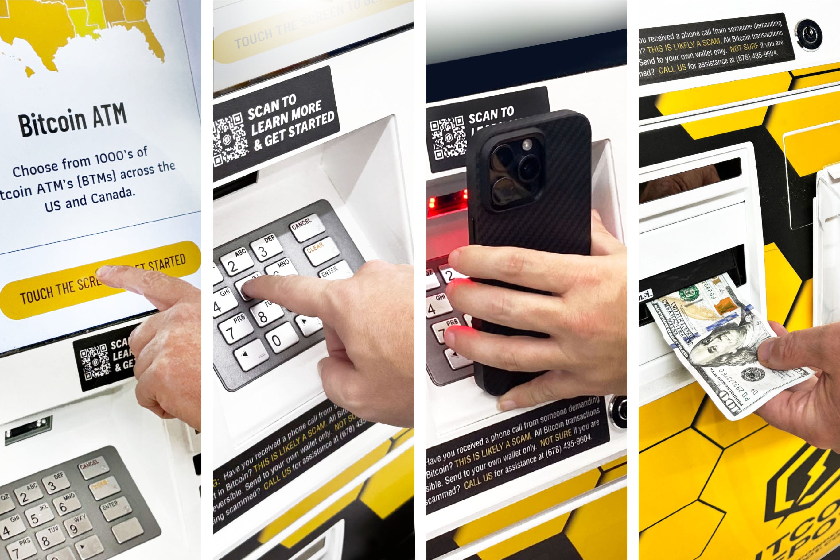 Four-panel image showing the steps to use a Bitcoin ATM: touching the screen, using the keypad, scanning a phone's QR code, and inserting cash.