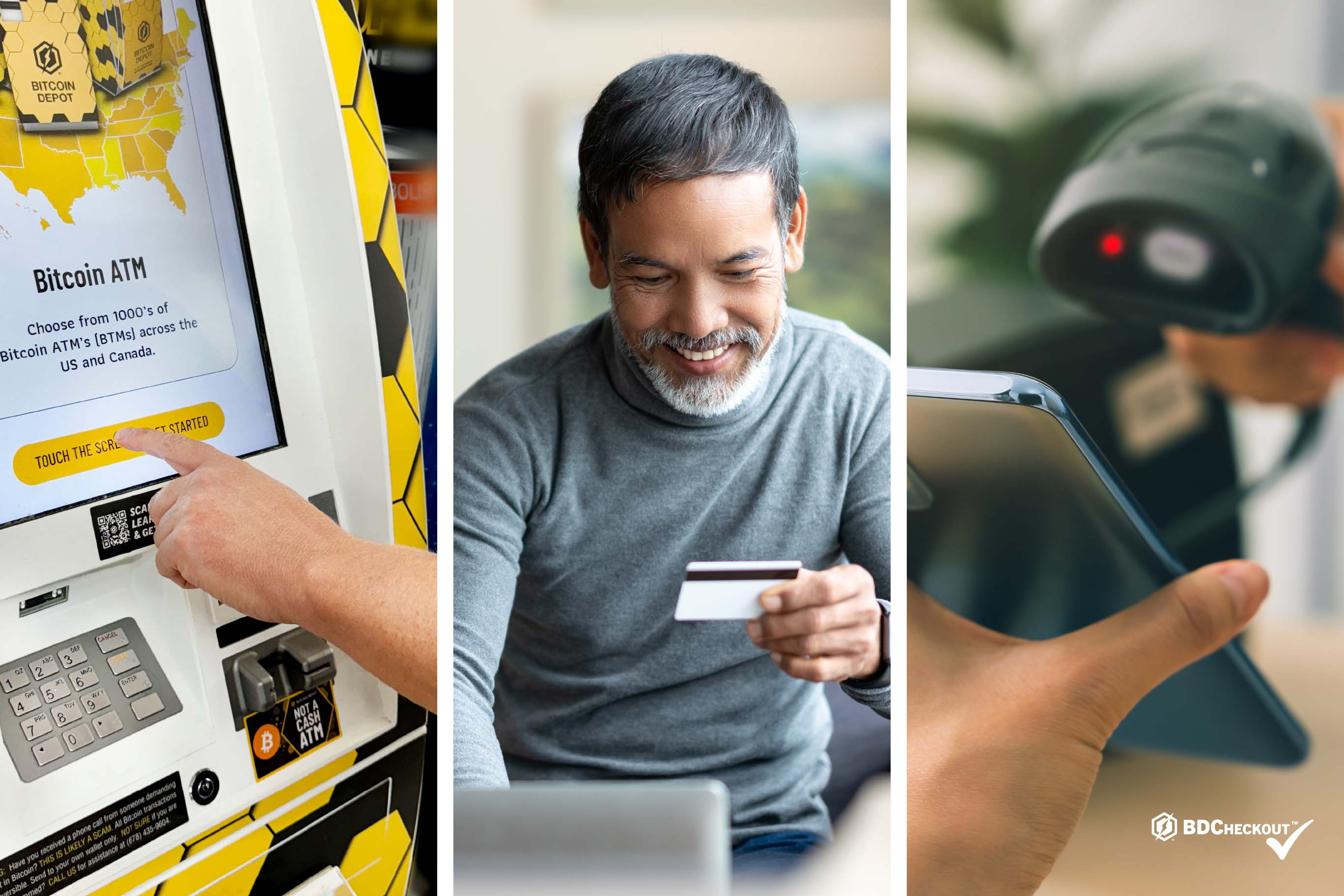 A three-panel image illustrating different ways to buy Bitcoin: the left panel shows a hand using a Bitcoin ATM touchscreen; the middle panel shows a smiling person with graying hair holding a card while looking at a laptop; the right panel shows a hand holding a smartphone up to a QR code scanner.