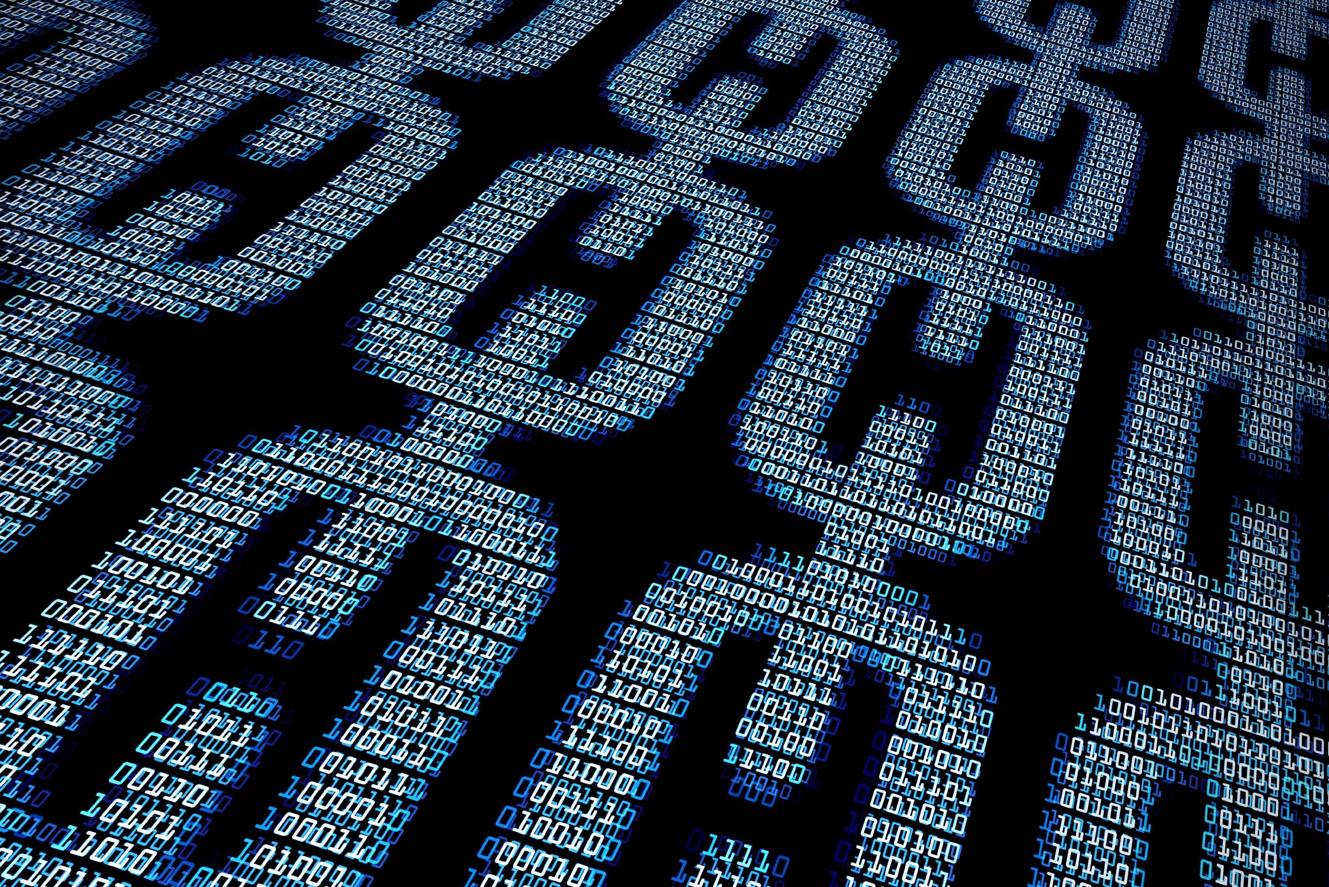 A close-up, angled perspective of large chain links connected together. The links themselves are formed by patterns of bright blue binary digits (1s and 0s) that glow against the dark background.