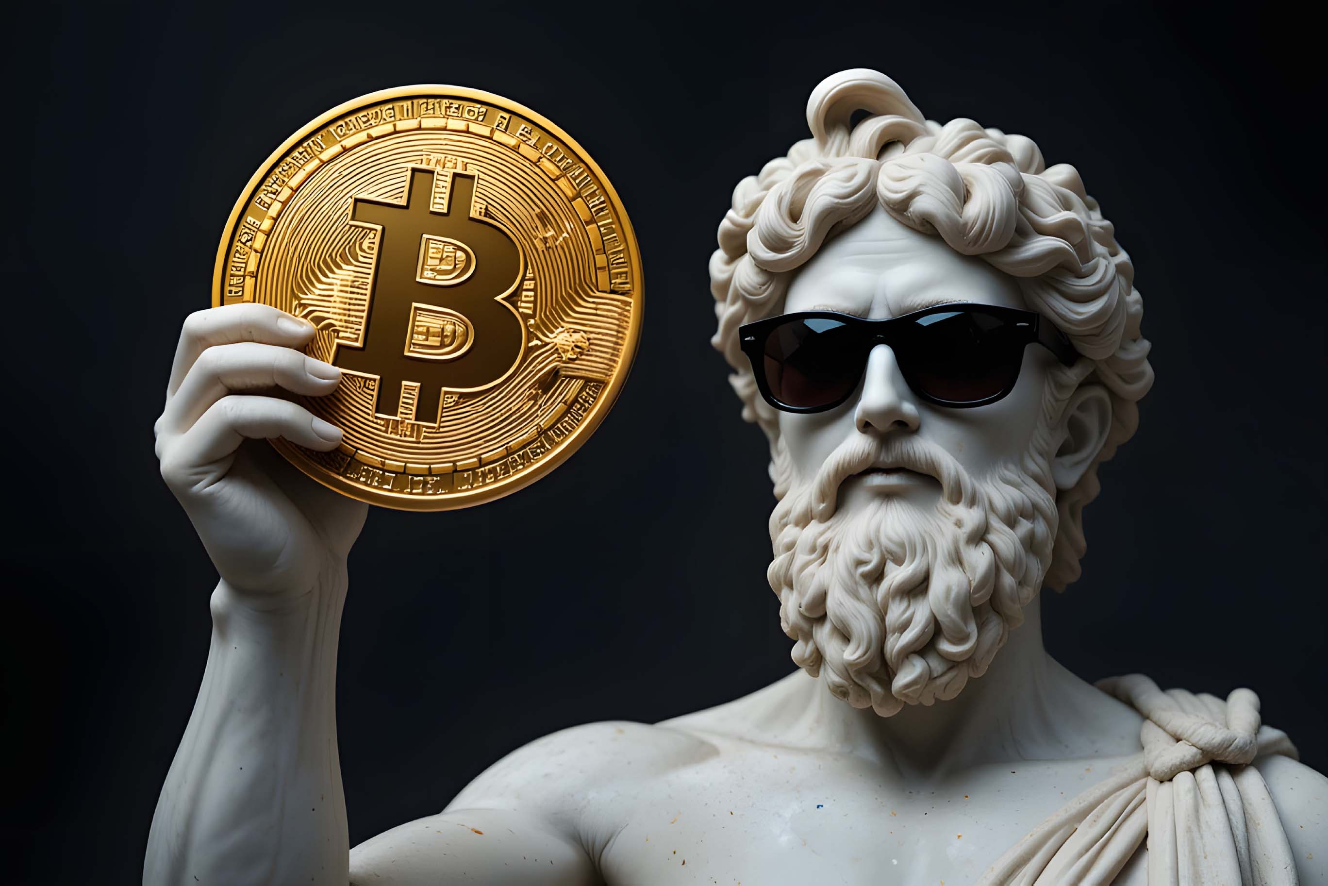 An image depicting a white marble statue, resembling an ancient Greek or Roman figure with a beard and curly hair, anachronistically wearing dark sunglasses. The statue's right hand is raised, presenting a large, physical gold Bitcoin coin. The background is dark.