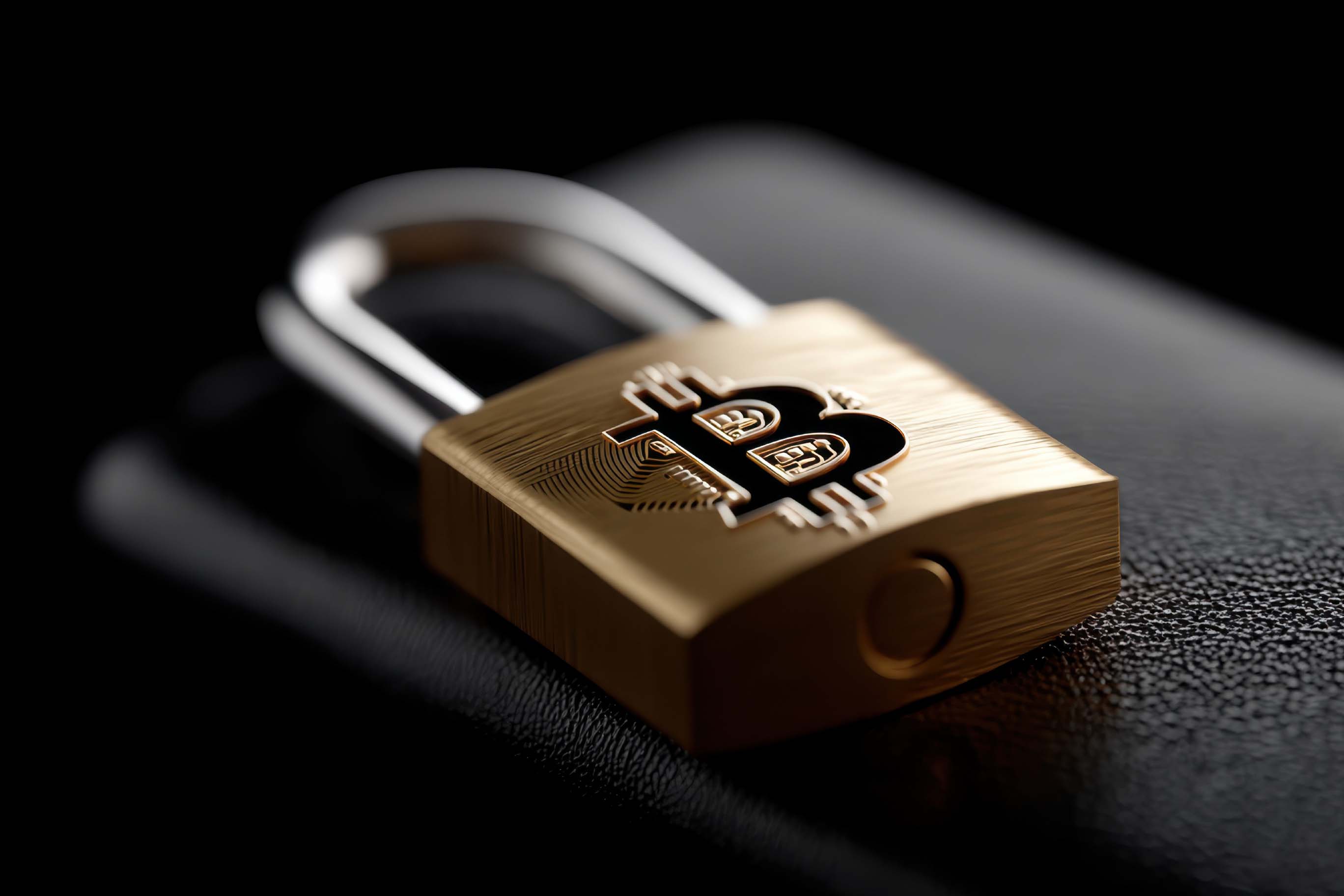 Close-up image of a metallic gold padlock featuring the Bitcoin logo (a 'B' with circuitry details) on its face. The padlock is lying on a dark, slightly textured material, symbolizing security.