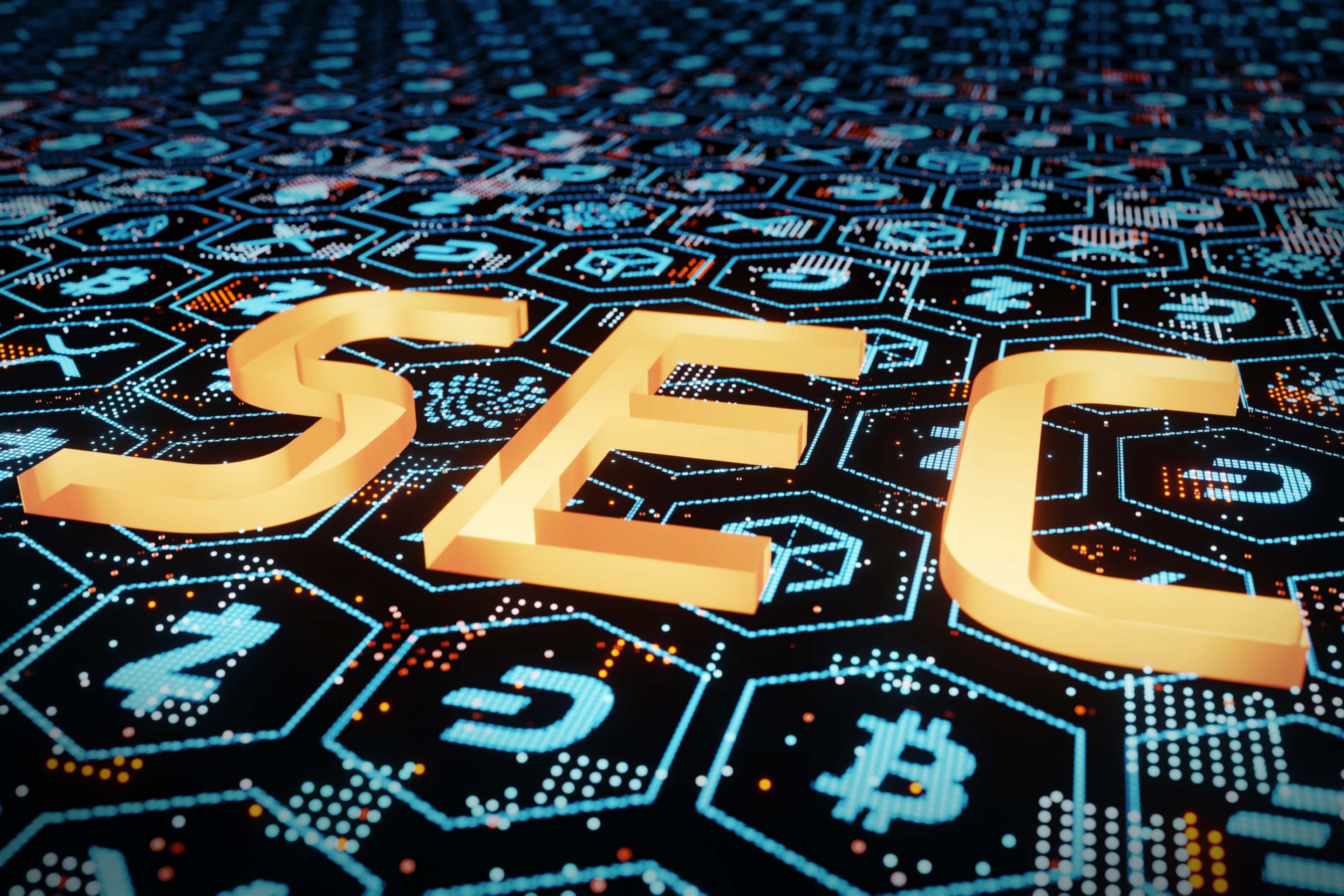 The letters "SEC" in gold, three-dimensional text, are superimposed over a background pattern of glowing blue and orange cryptocurrency symbols (like Bitcoin, Litecoin, Ethereum) and digital circuitry.