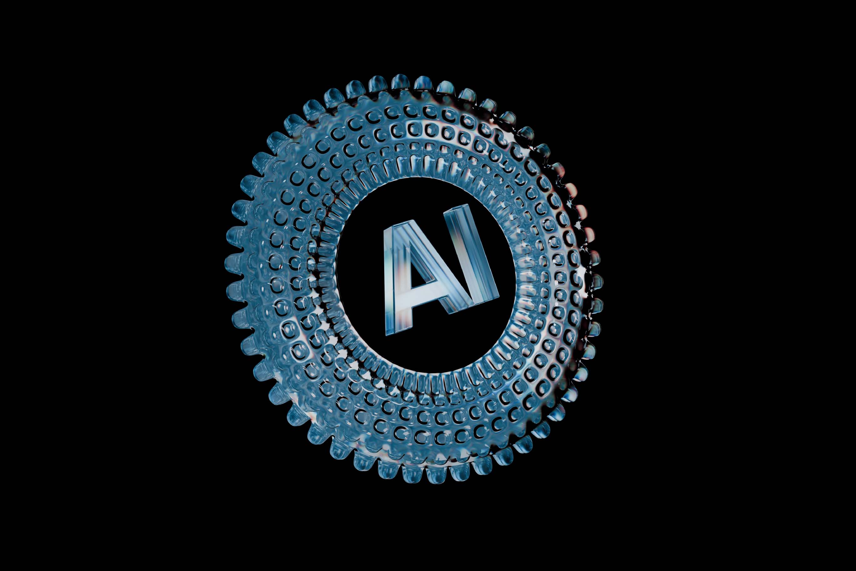 A 3D rendering of the letters "AI" in a metallic finish, enclosed within a transparent, gear-like ring with a textured surface, all against a black background.