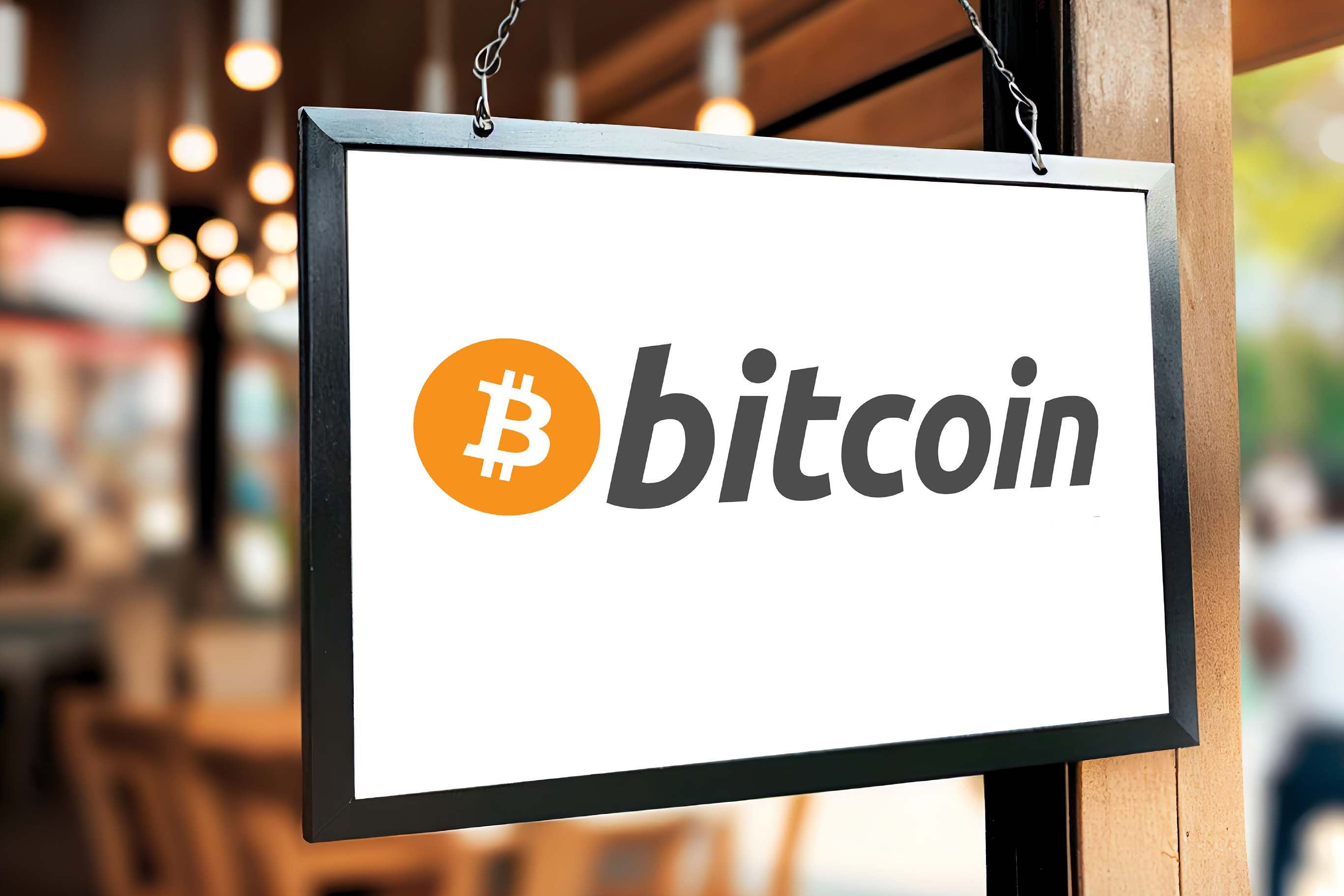 A sign with the Bitcoin logo and text hangs in a storefront, indicating a local business that accepts or deals with Bitcoin.