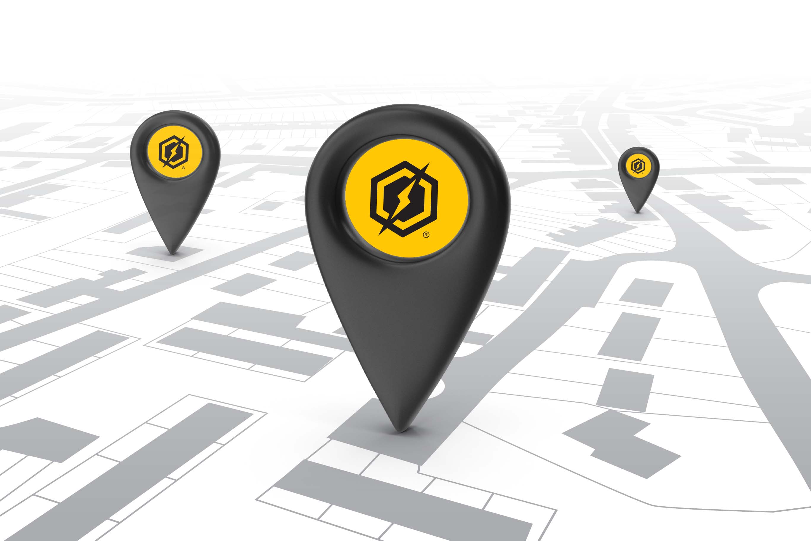 Three black map pins with the yellow Bitcoin Depot logo on them, placed on a stylized, grayscale street map to indicate local ATM locations.