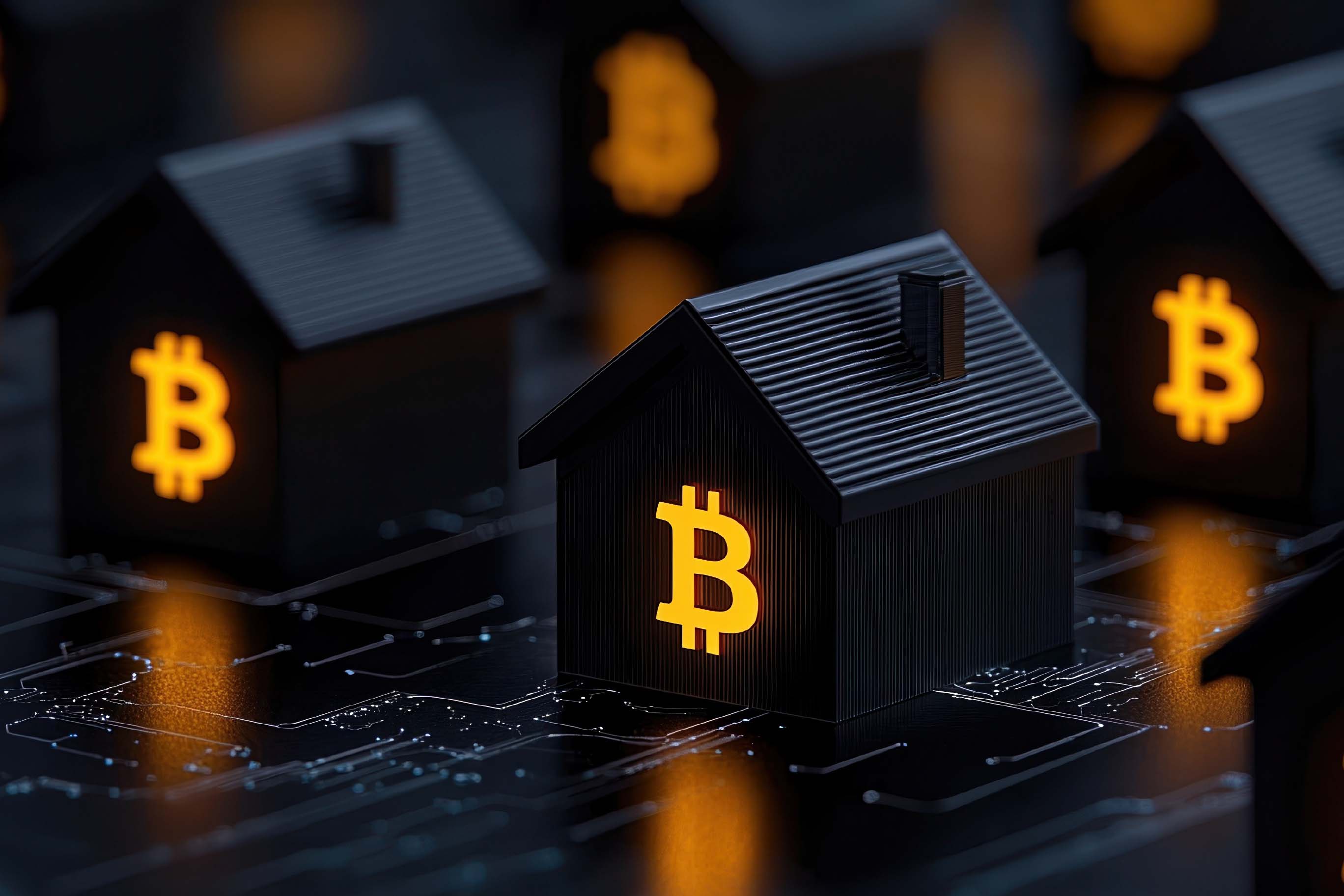 Miniature black houses with glowing yellow Bitcoin symbols on their sides, arranged on a surface that resembles a computer motherboard with illuminated circuits.