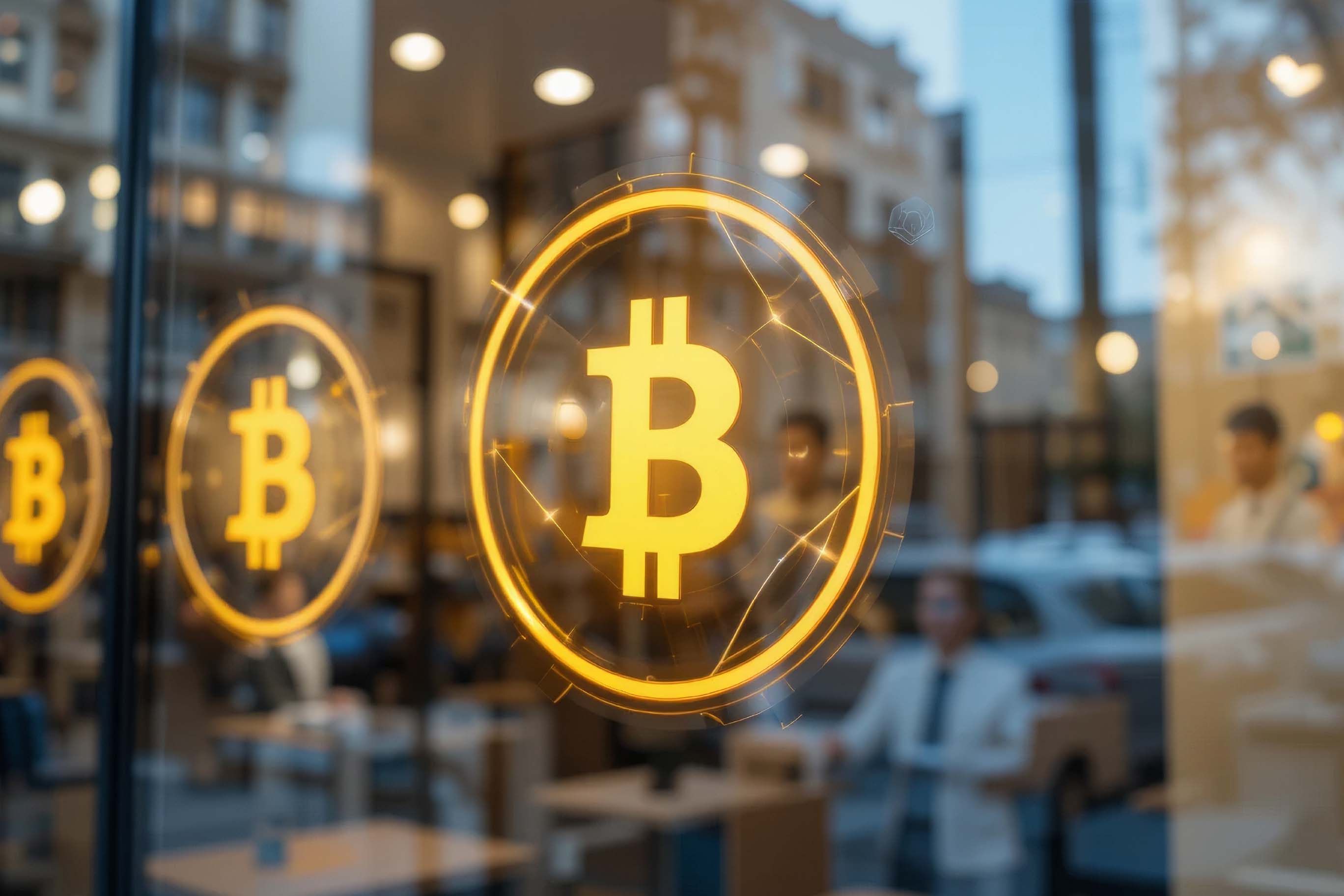 A close-up, slightly blurred view through a glass window, showing three glowing golden Bitcoin symbols (a capital B with two vertical lines) projected or affixed to the glass. The background, visible through the window, shows the interior of a building or store with a blurred person, and a blurred street scene with buildings and a car outside.