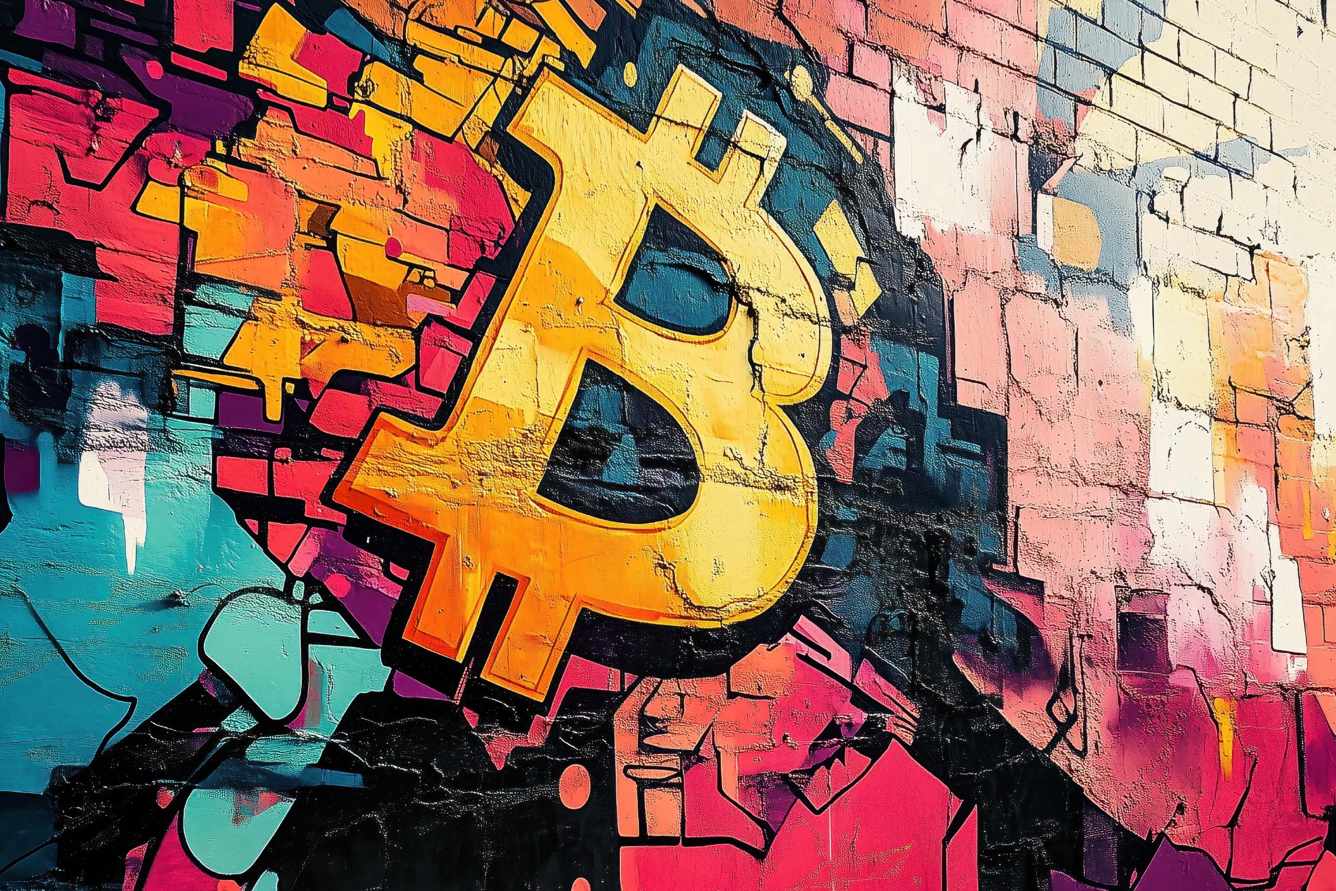 A vibrant, large-scale graffiti artwork on a brick wall, featuring a prominent golden Bitcoin symbol (a stylized 'B' with two vertical lines) at its center. The background of the graffiti is a chaotic explosion of bright, overlapping colors including pink, orange, blue, and black, in a dynamic street art style.
