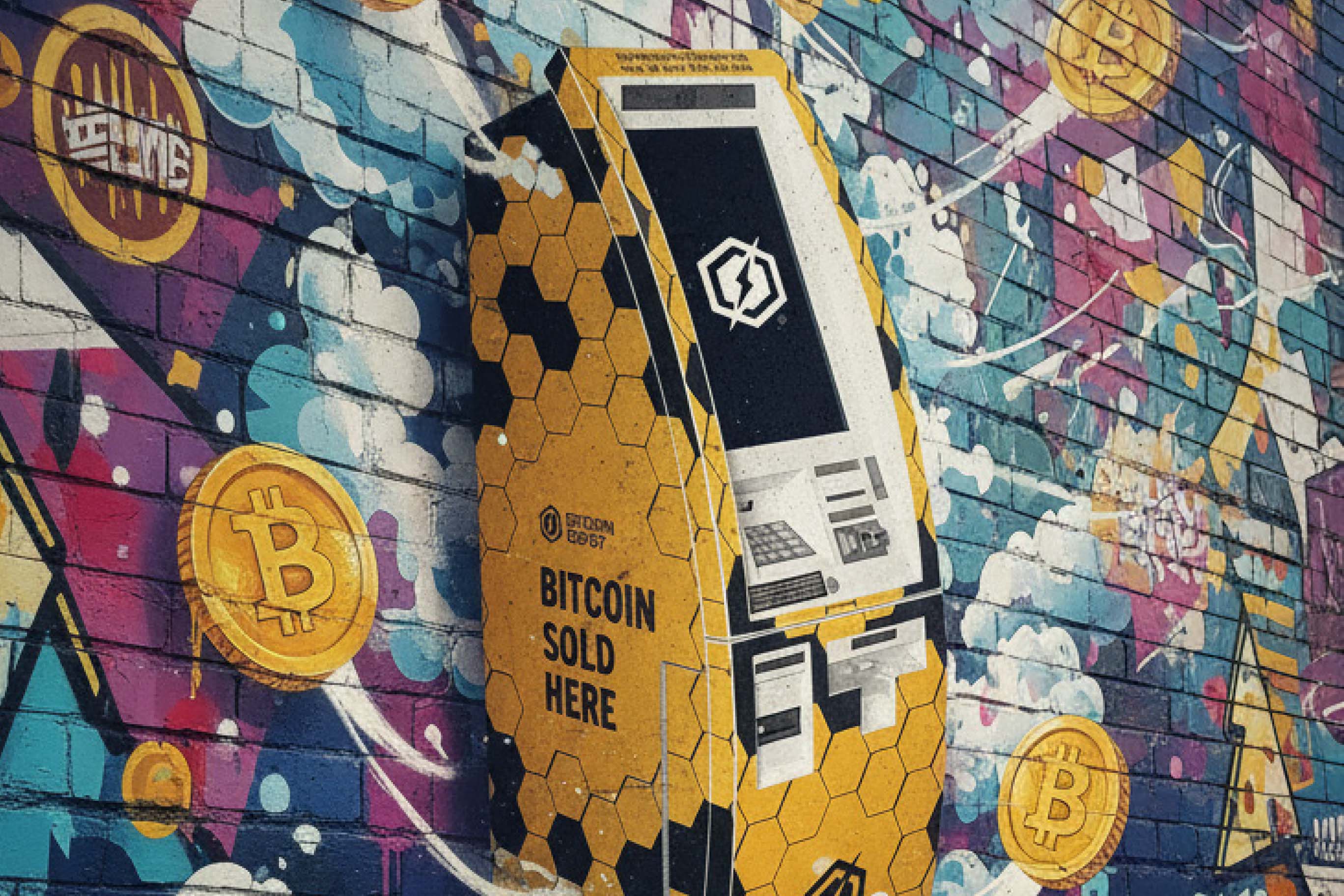A Bitcoin ATM, with "BITCOIN SOLD HERE" text and a black and yellow hexagonal pattern, stands against a vibrant, graffiti-covered brick wall. The wall features colorful tags, cloud-like shapes, and golden Bitcoin coin illustrations.