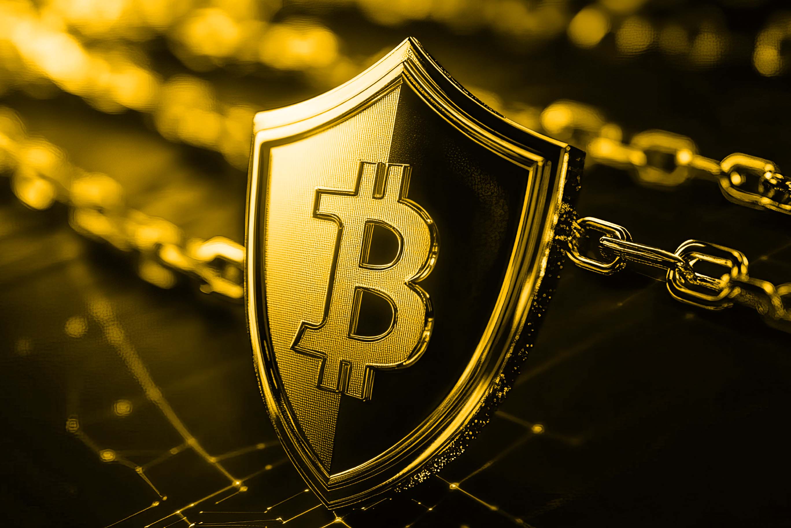 A close-up, low-key, golden-toned image of a three-dimensional shield featuring the Bitcoin logo (stylized 'B' with two vertical lines) embossed on its surface. The shield is surrounded by a blurry background of golden chains and glowing network lines, emphasizing security and protection.