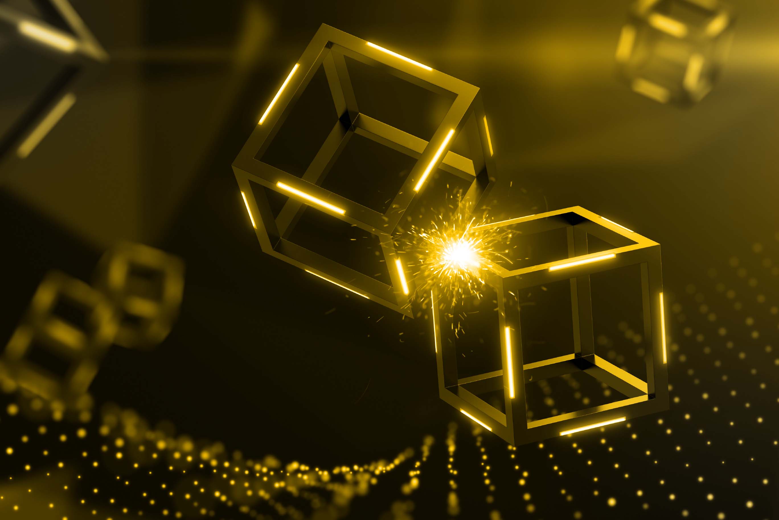 Abstract digital illustration of two glowing 3D wireframe blocks connecting with a bright yellow spark, representing blockchain technology and secure data transactions over a dark background with flowing golden particles.