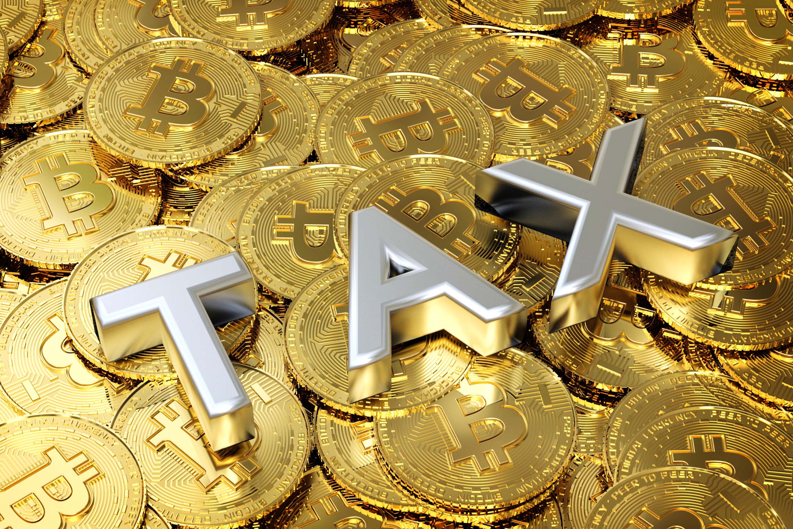Gold Bitcoin coins scattered under 3D silver metallic text that reads 'TAX'. A conceptual visual representing 2025 cryptocurrency tax regulations and IRS reporting requirements for digital assets.